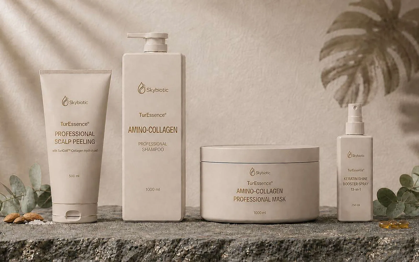 TurEssence® zestaw salonowy – peeling, szampon, maska i booster