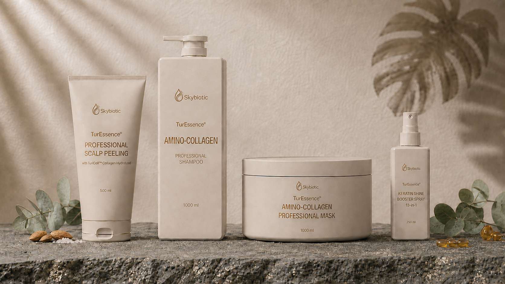 TurEssence® zestaw salonowy – peeling, szampon, maska i booster
