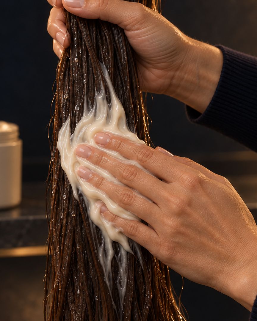 Applying the TurEssence® mask to the lengths of the hair in the salon