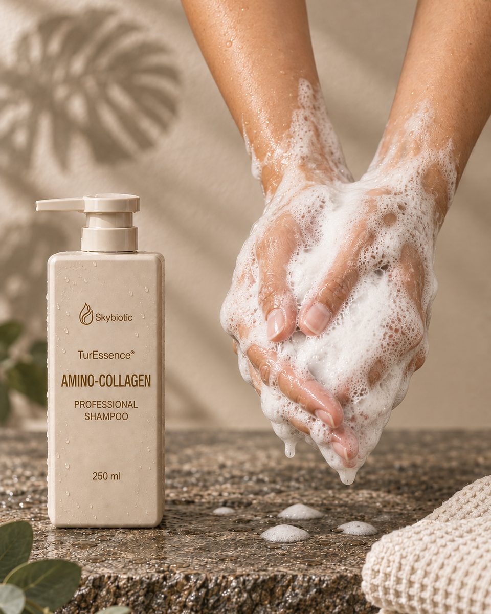 TurEssence® Amino-Collagen Shampoo 250 ml and lather in the hands