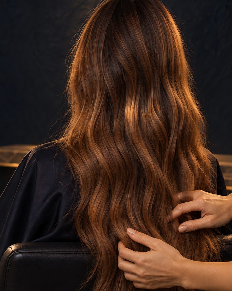 A stylist combing a client's long hair