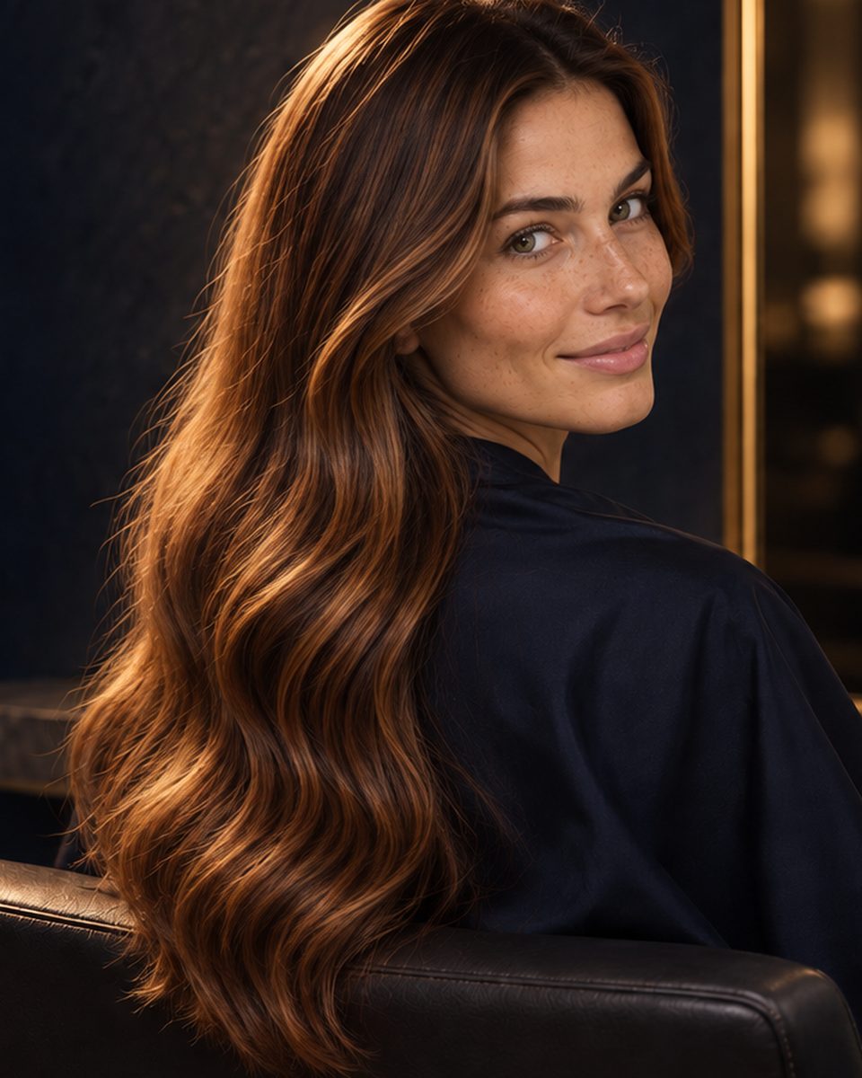 A salon client with long, shiny hair